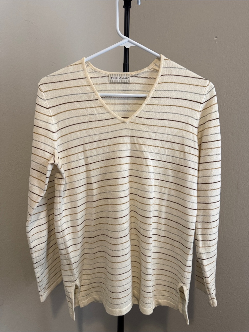 White Stag Cream V-Neck Sweater with Gold and Brown Stripes